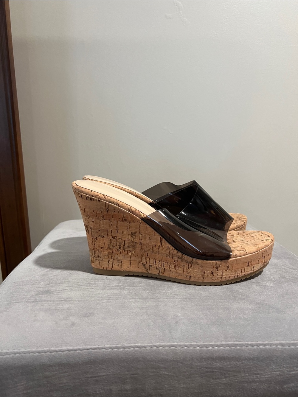 Wedge Slide Sandals with Cork Platform - Black